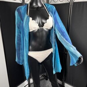 Vintage Beliza Blue Striped‎ Button Down Long Sleeve Cover Up Top Size L